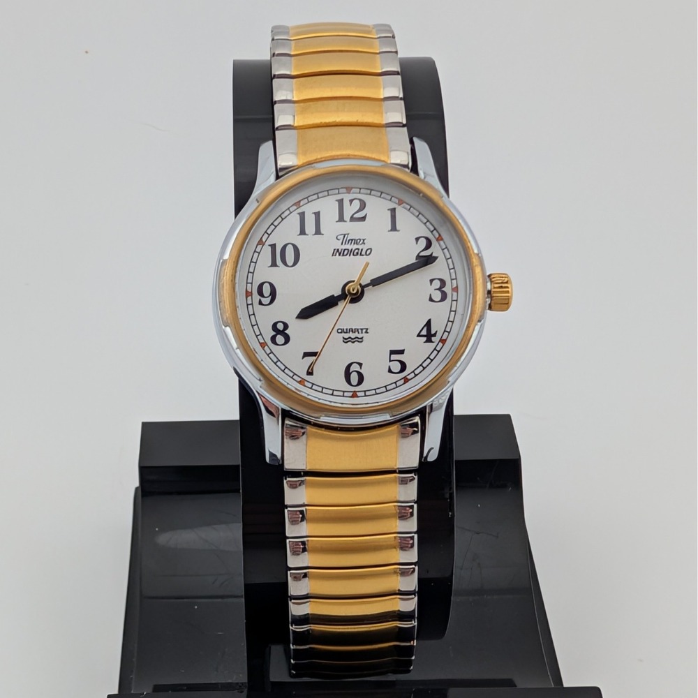 Timex Indiglo Two Tone Expansion Watch White Dial Gold Tone Ladies 24mm